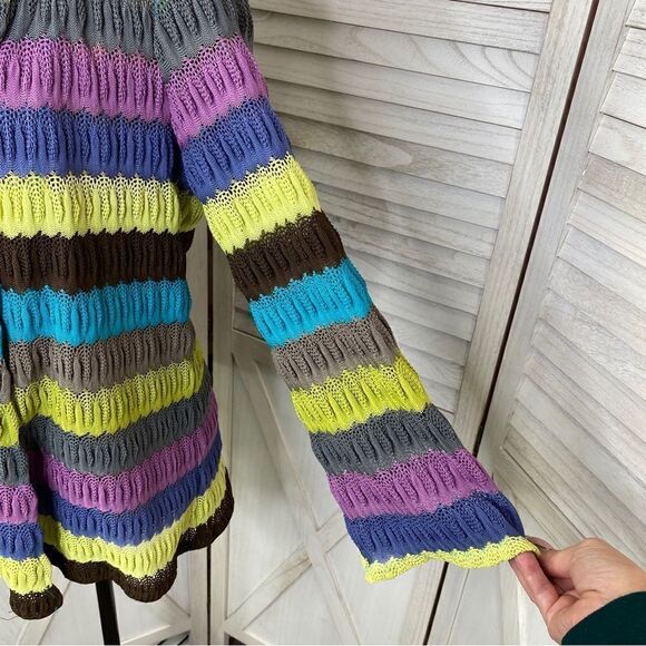 Peck & Peck Striped Crochet Open Front Cardigan Sweater  6 Gray Multi - Picture 7 of 12